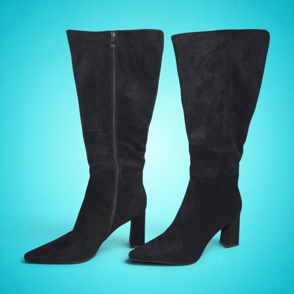 Womens Black Faux Suede Knee High Boots Pointed Toe Block Heel Size 10